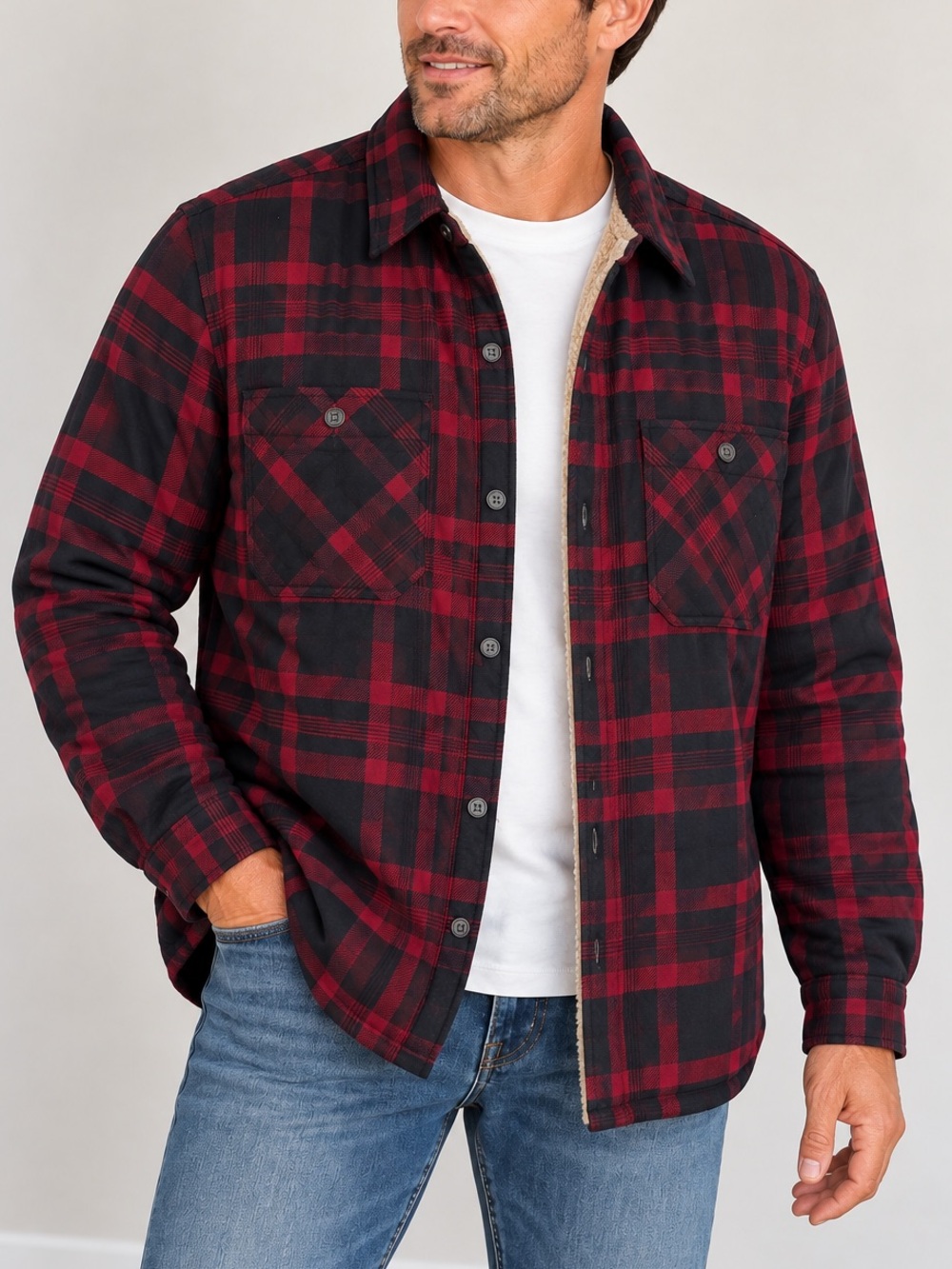 Wrangler Men’s Sherpa Lined Plaid Flannel Shirt Jacket Red Black Medium